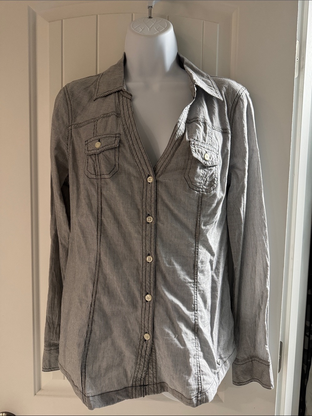 Guess Women's Gray Button-Down Shirt with Contrast Stitching